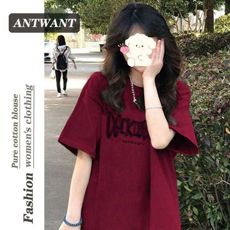 Áo Thun Ngắn Tay Màu Đỏ Rượu Vang, Dành Cho Nữ, Thiết Kế Ngoại Cỡ Và Dáng Rộng Rãi, Phong Cách Cổ Điển Mỹ Độc Đáo, 100 Miếng Không Vón Cục, Thích Hợp Cho Mùa Hè Top Women 3