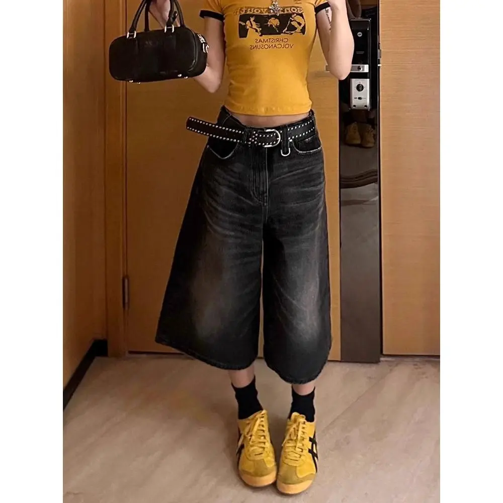 Quần Short Denim, Ngoại Cỡ, Phong Cách Đường Phố Cao Cấp Mỹ, Cạp Cao, Ống Rộng, Quần Nữ Màu Đen Đã Giặt, Dáng Rộng Vừa Vặn, Quần Cropped Ống Đứng Thường Ngày Women Pants Jeans