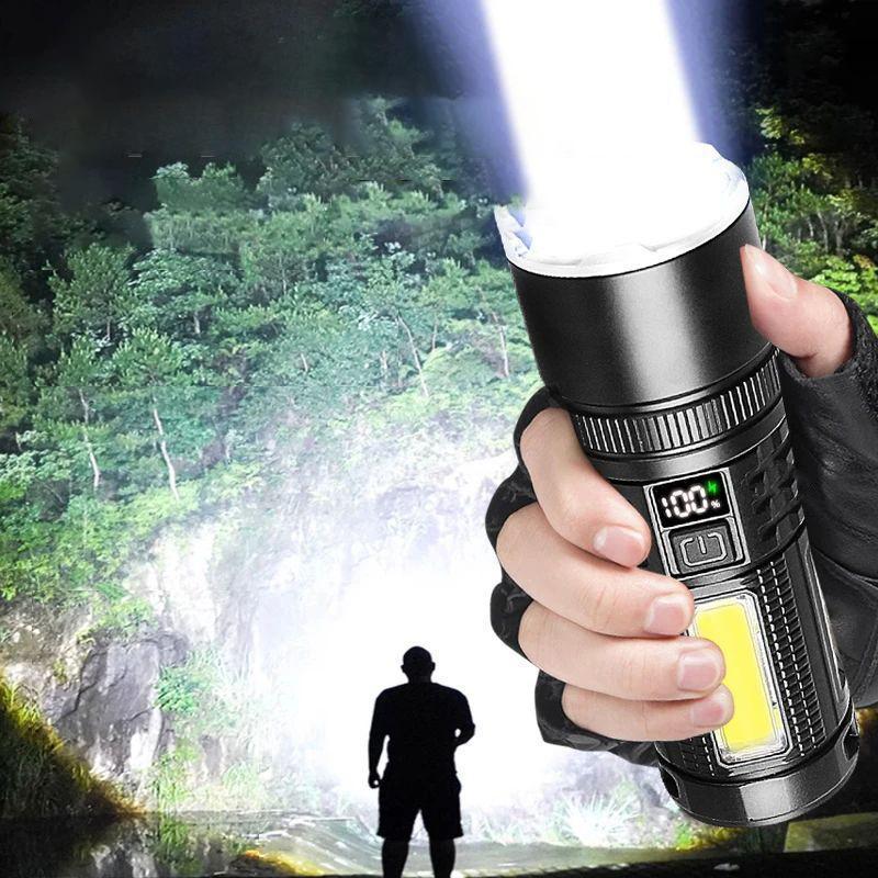High Power Flashlight, 1 Count Rechargeable Zoom Flashlight, Portable Torch Light with Side Lights for Fishing Patrol Camping Emergency Lighting 0
