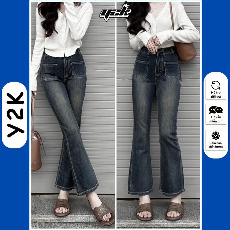 Quần JEAN LOE nữ màu xanh Rêu đậm bụi Túi Kiểu cạp cao bò rin ống loe co giãn jeans lưng cao túi ngược Y2K Women Pants Kem