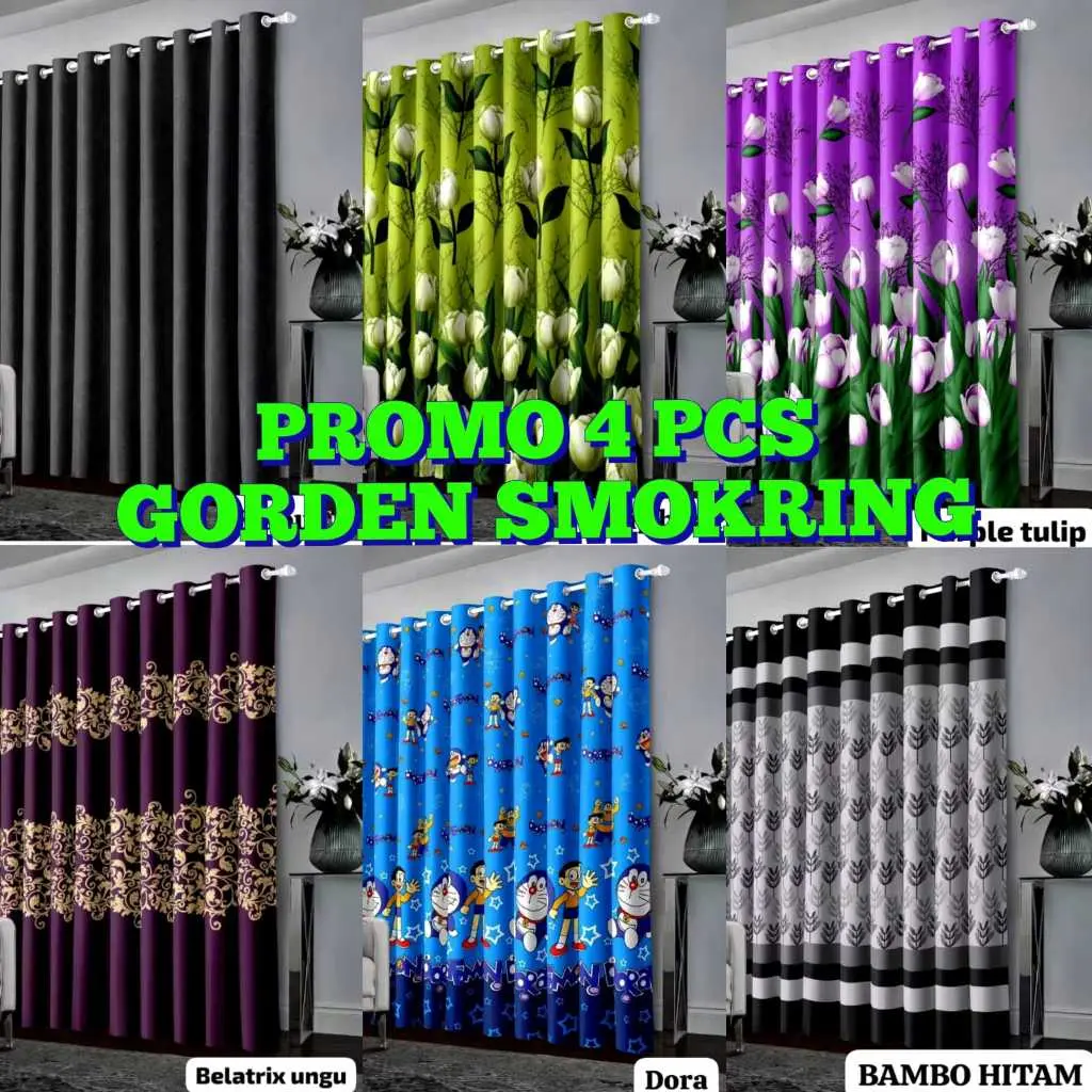 FRETALI PROMO PAKET 4 PCS GORDEN SMOKRING 12 RING FRETALI Motif Terbaru 220 cm x 100 cm Bahan Tebal Elegan untuk Jendela Rumah & Ruang Tamu