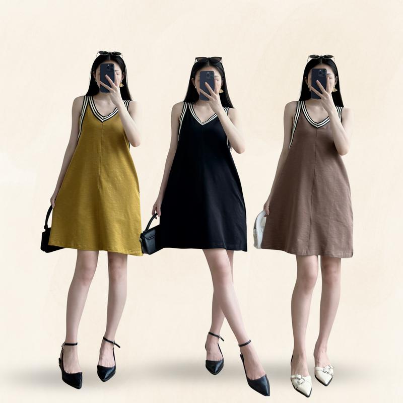 [SALE NGÀY ĐÔI 10/10] Váy Đầm Ba Lỗ _ Cổ V _ Dáng Chữ A - Váy Nữ Xinh Nhẹ Nhàng Phối Viền Trơn Đơn Giản, Chất Cotton Cao Cấp, Phù Hợp Mọi Dáng Người, Bầu Có Thể Mang Được Nhung Voi Dress Kem Màu Đen