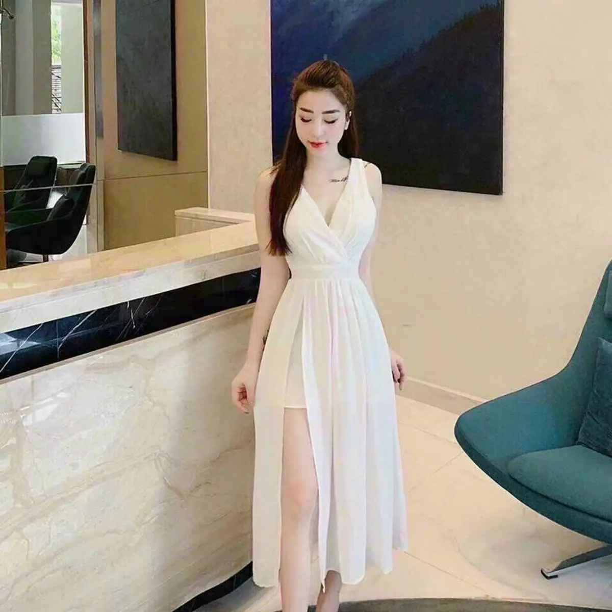 Đầm váy đi biển thời trang nữ sang trọng chất voan cổ tim không tay bo eo váy 2 lớp xẻ lai đùi maxi phong cách tươi trẻ Women Dress