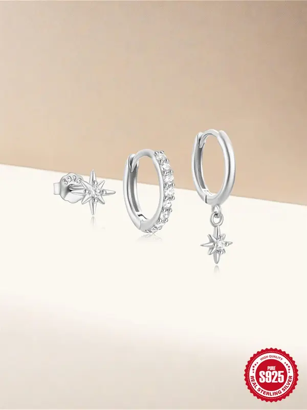 925 Sterling Silver Star Design Hoop Earrings & Stud Earrings, Fashionable Earrings for Women & Girls, Trendy All-match & Exquisite Jewelry for Birthday Gift 6