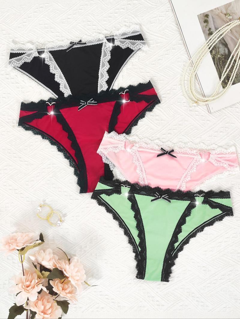 Product Introduction of Women's Colorblock Contrast Lace Bow Front Panty, Soft Comfy Breathable Heart Decor Thongs for Daily Wear, Ladies Underwear for All Seasons 14