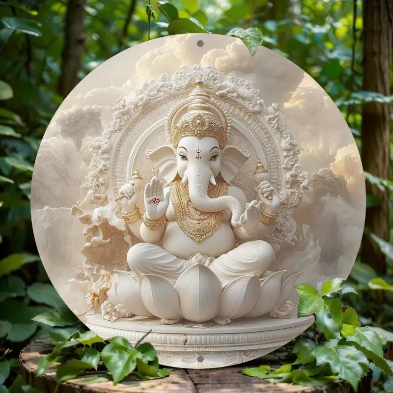 1pc, 8x8 Inch, Ganesha 2D Flat Print, Round Metal Aluminum Sign, Artistic Home & Office Decor, Easy Installation, Festive Holiday Gift, Bar Kitchen Coffee Room Decoration