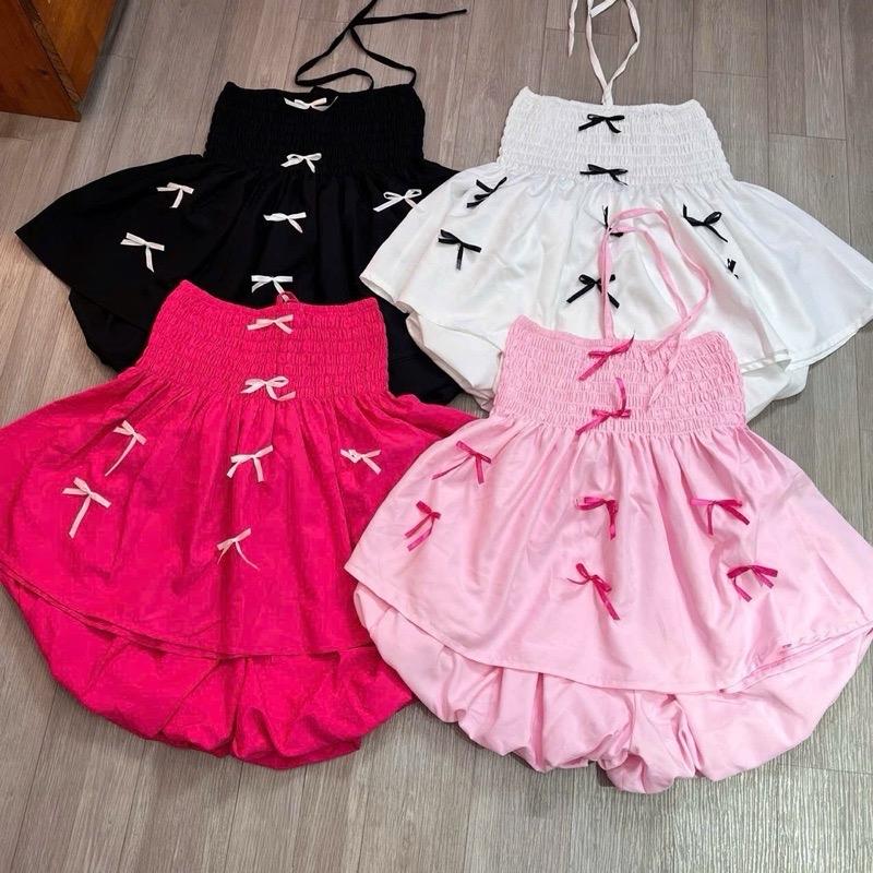Set áo yếm nhún xoè đính nơ quần short bí Nữ Women Top 4