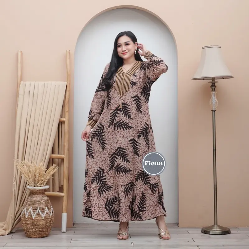 Gamis Renda Sultan Coklatan Rayon Premium Busui Motif Cap Terbaru Karet Muslim 3