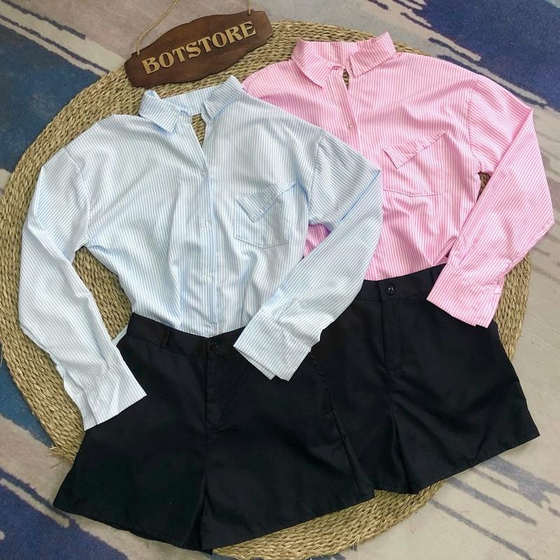 3Q446 Bộ Set 2 Món Áo Sơ Mi Sọc Phối Túi Kiểu Mix Nơ Sau & Quần Short Để Đi Chơi, Đi Dạo Xinh Xắn (eo 68-80cm) Nữ Top Women 9