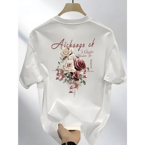 メンズヘビーウェイト100%コットンTシャツ - ゆったりフィットのアメリカンヒップホップ花の茎プリント、バラとテキストのデザイン、黒のカジュアル半袖ラウンドネックシャツ。オールシーズン対応の通気性の良いラウンドネックTシャツ、シンプルなコットン作るトップス、夏の毎日にQIENかせないアイテム、建国記念日やバレンタインデーのギフトに最适。