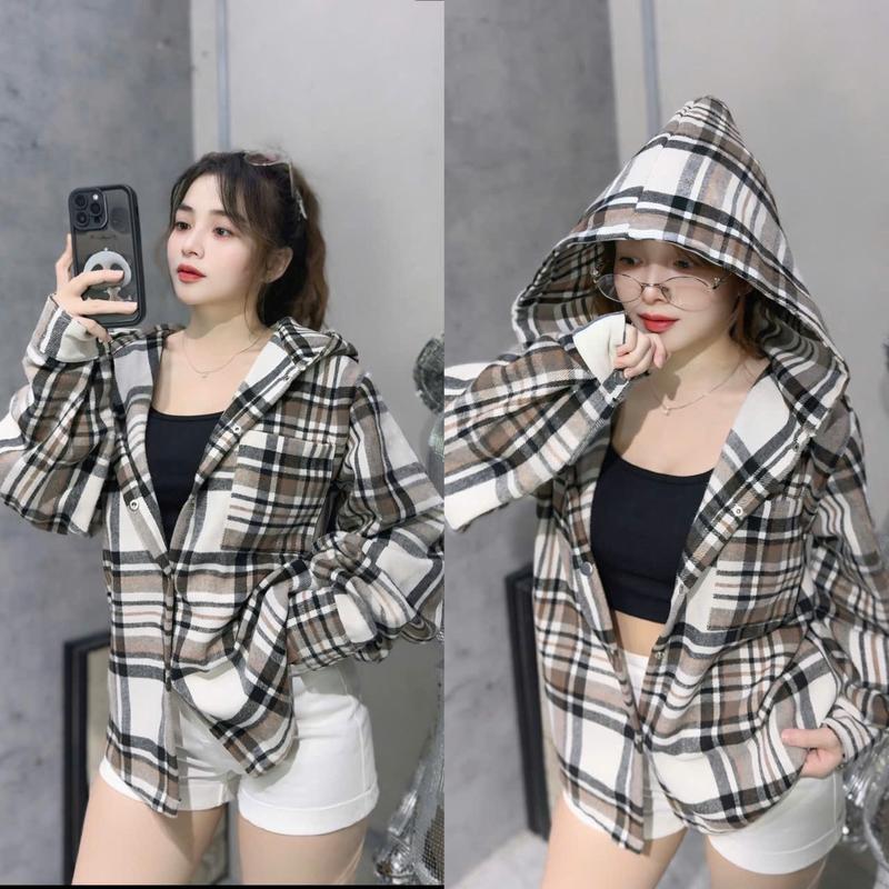 Áo Khoác Sơ Mi Dạ Kẻ Caro Flannel Dành Cho Nam Nữ Có Nón Trùm Đầu