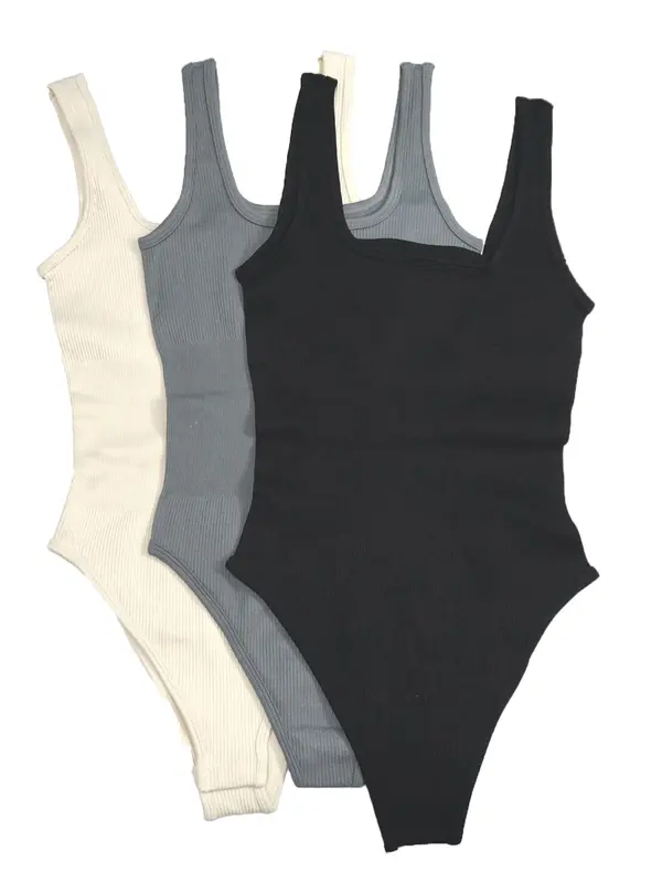Women's Solid Ribbed Bodysuit, Summer Clothes for Women, Casual Sleeveless Bodysuit for Summer, Ladies Clothes for Daily Wear 5