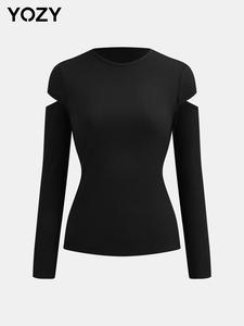 YOZY Women's Plain Cut Out Round Neck Ribbed Tee, Casual Long Sleeve T-shirt for Spring & Fall, Women's Top for Daily Wear