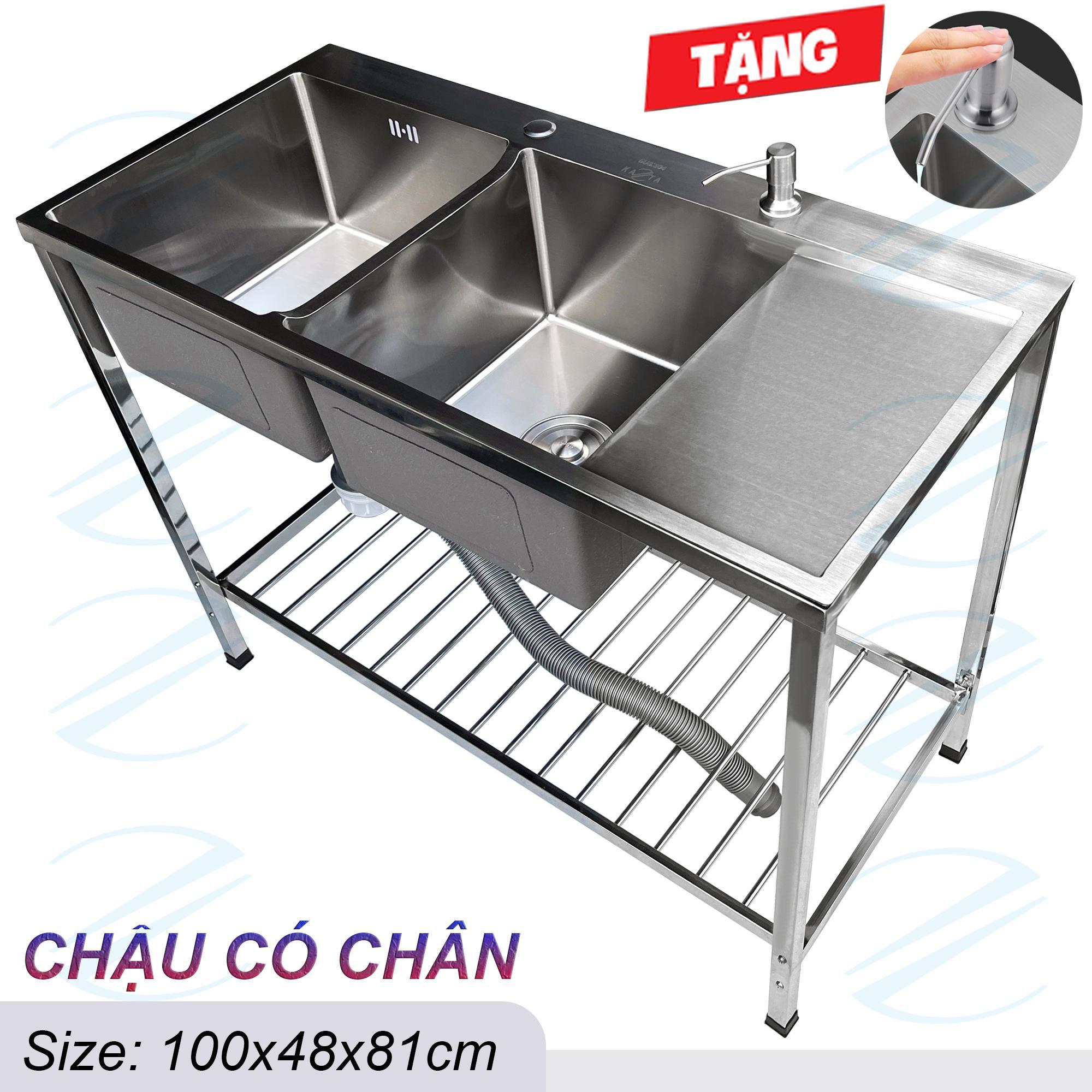 COMBO Chậu Rửa Bát Inox Có Chân 100x48cm Cao 81cm Kiểu 2 Hộc Có Bàn Chờ Tiện Nghi Rộng Rãi C43 Và C43K- Đủ bộ gồm chậu, xi phông, chân và vòi rửa, tặng vòi hút xà bông