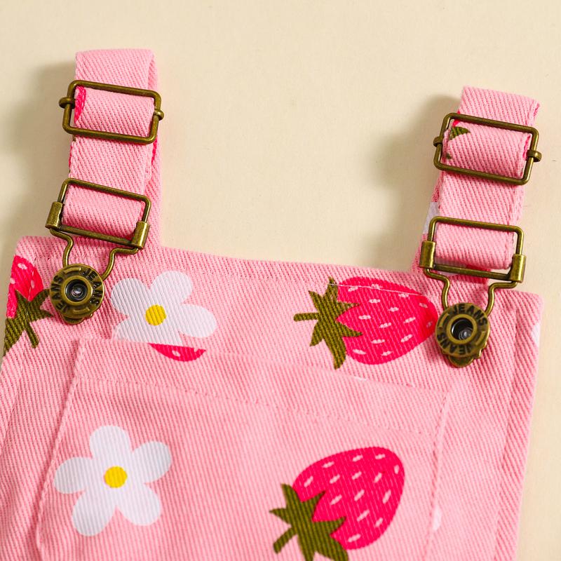 Product Introduction of Pink/ White Toddler Kid Little Girl Denim Overalls Flower/Strawberry Print Jeans Overalls Strap Suspender Shorts Outfit 6 12 18 24 Months 2-6 Years Old Kid 47