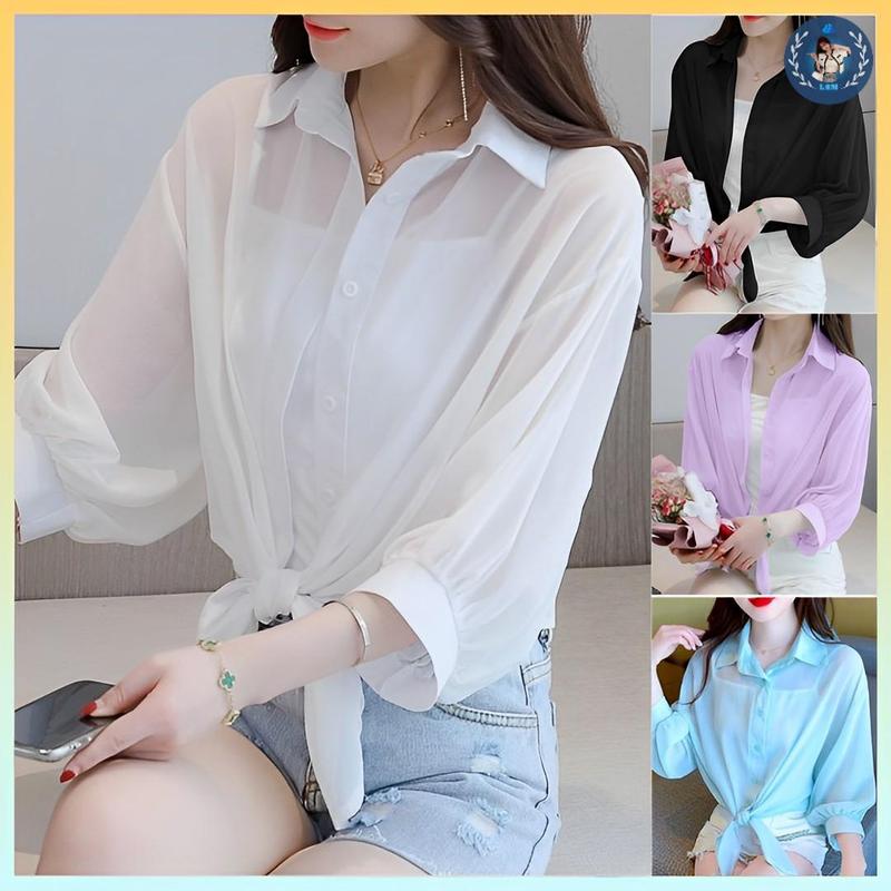 [A158] Áo khoác ngoài SƠ MI VOAN nữ mỏng tay lửng CỘT DÂY áo buộc vạt trước QC chống nắng - L2M (Top áo Shirt Nữ Women Nhung ) 【 hoa hồng  