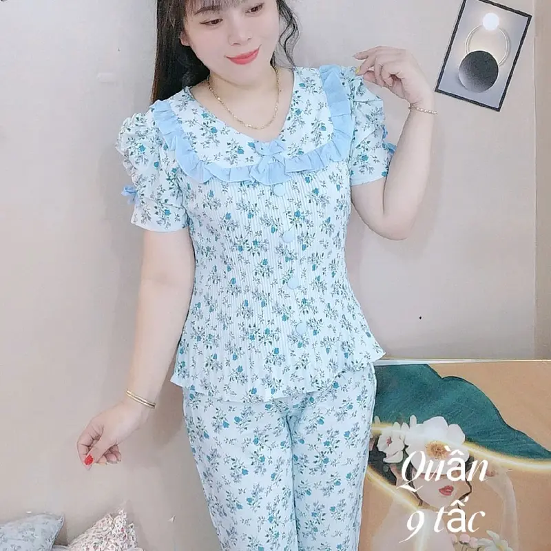 (M6Quần 8 tấc)Đồ bộ nữ áo dập ly tay búp phồng vải lụa hàn nhiều họa tiết Voi ngủ thư tiểu pizamanu 2