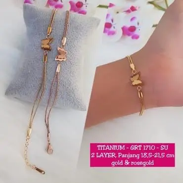 Gelang Titanium Wanita Kupu 2 Layer Polos GRT-1710 Rantai Bracelets