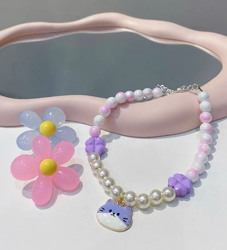 Dây Đeo Cổ Mèo, Chó Cưng Dễ Thương, Vòng Hạt Châu Ánh Tím Đa Sắc Mix Charm Ngộ Nghĩnh 7