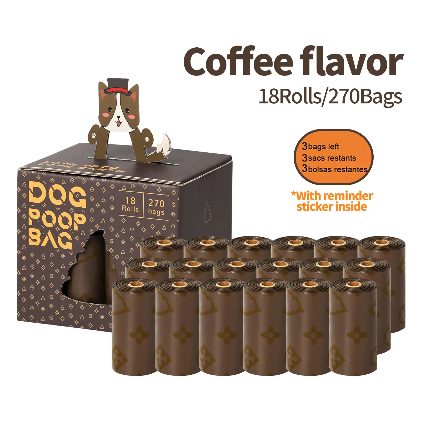 2025 New Biodegradable Pet Waste Bags Coffee Scent Cat Litter Bags Disposable Dog Waste Bags Poop Bags Reminder Stickers Pet Waste Bags