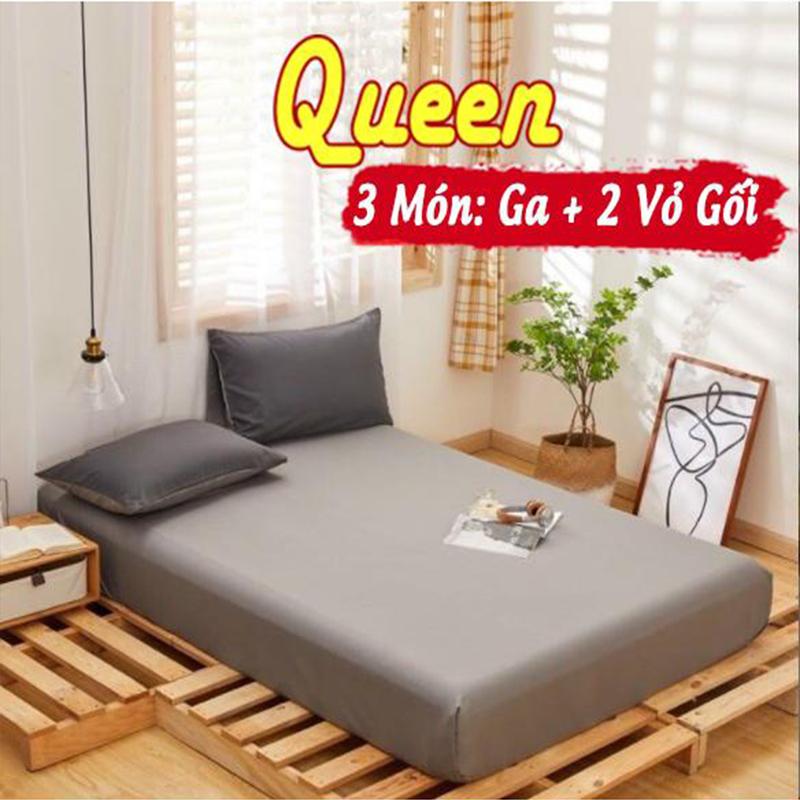 SET 3 món GA GỐI COTTON TICI drap giường và 2 vỏ gối một màu trơn - ga trải nệm bốn mùa không bai xù