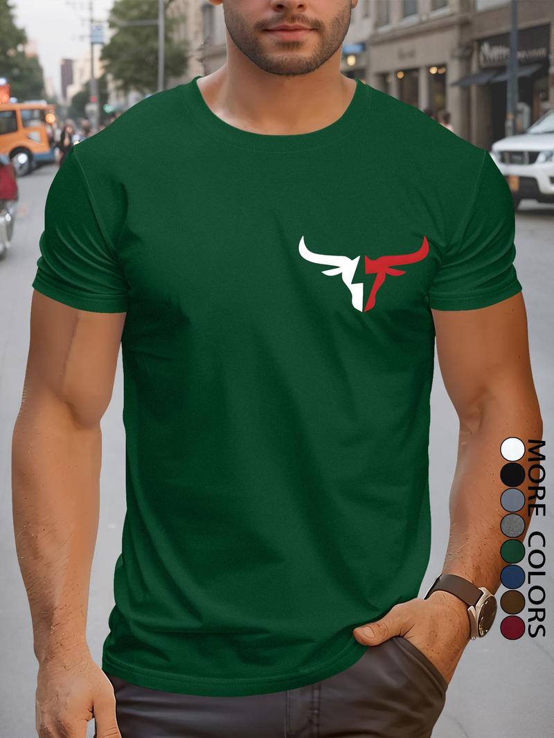 Product Introduction of Men's Regular Fit Bull Head Print Round Neck Tee, Casual Short Sleeve Crew Neck T-shirt for Summer, Fashion Men's Top for Daily Wear 1