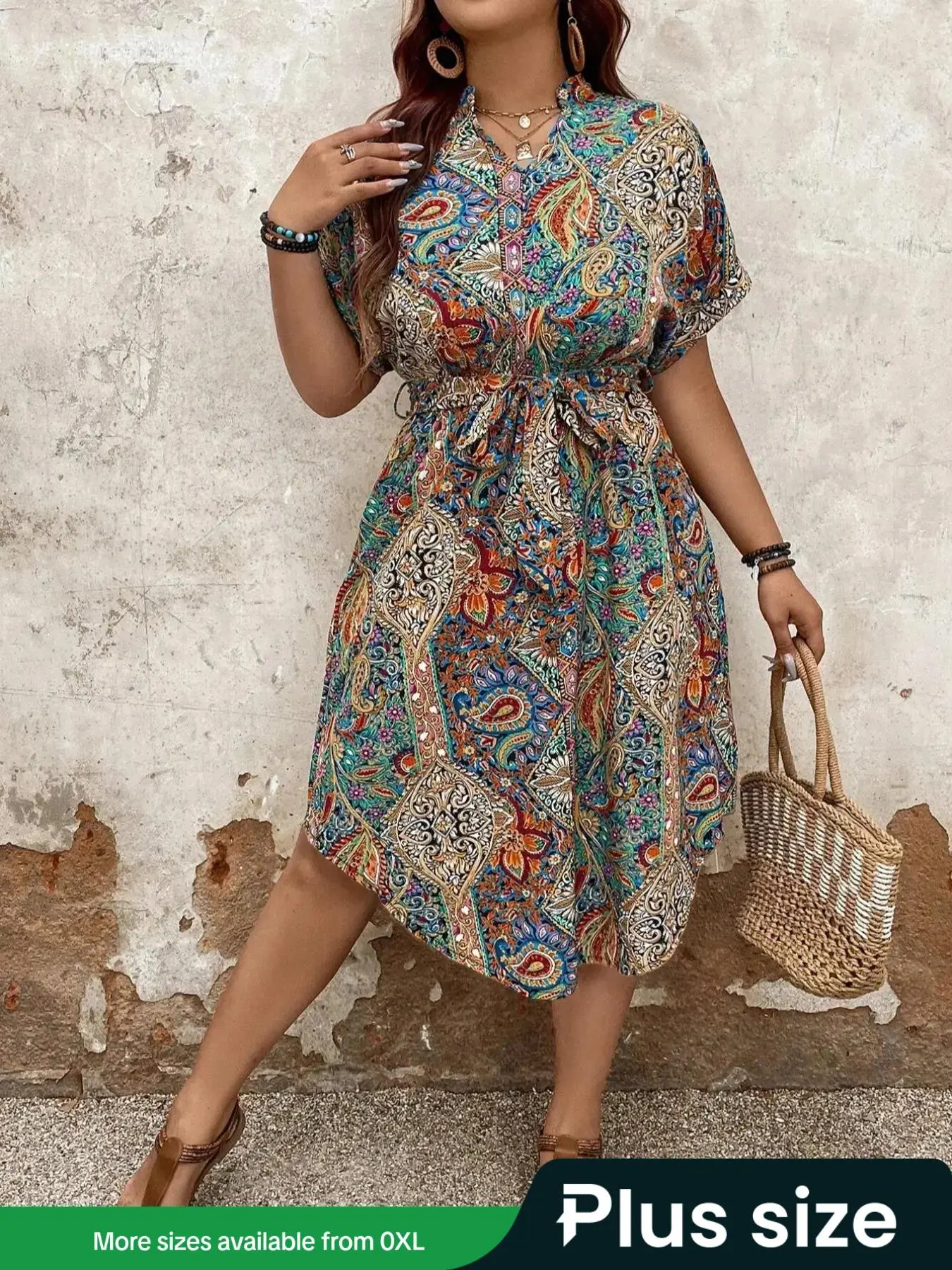 【Plus Size】 Ethnic Paisley Print Belted Dress, Boho Notched Neck Short Sleeve Dress for Beach Holiday Vacation, Women's Clothes for Summer