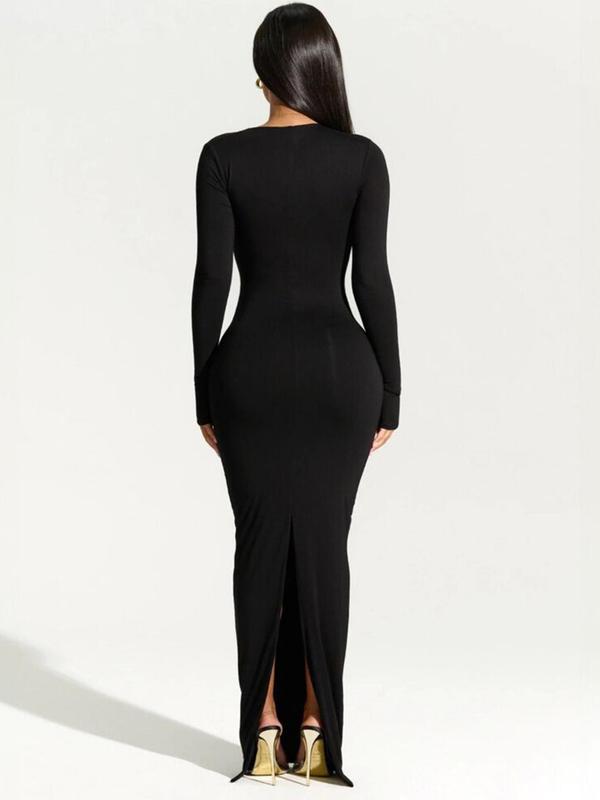 Women's Christmas Solid Asymmetrical Neck Split Bodycon Dress, Fit Long Sleeve Maxi Dress for Party Dating Wear, Ladies Clothes for All Seasons Valentine's Day, gift 1