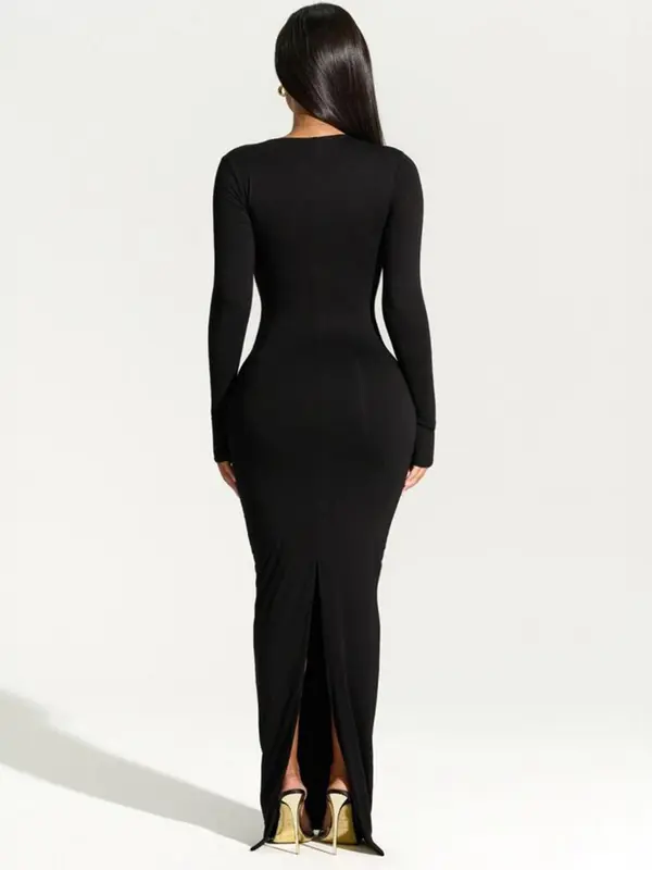 Women's Christmas Solid Asymmetrical Neck Split Bodycon Dress, Fit Long Sleeve Maxi Dress for Party Dating Wear, Ladies Clothes for All Seasons Valentine's Day, gift 1
