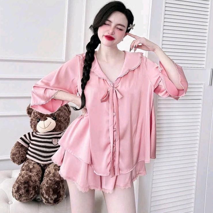 Đồ bộ pyjama BIGSIZE dưới 80kg from rộng Tay lỡ quần đùi có túi rose đồ pijama Nữ Women Kem Voi Ren