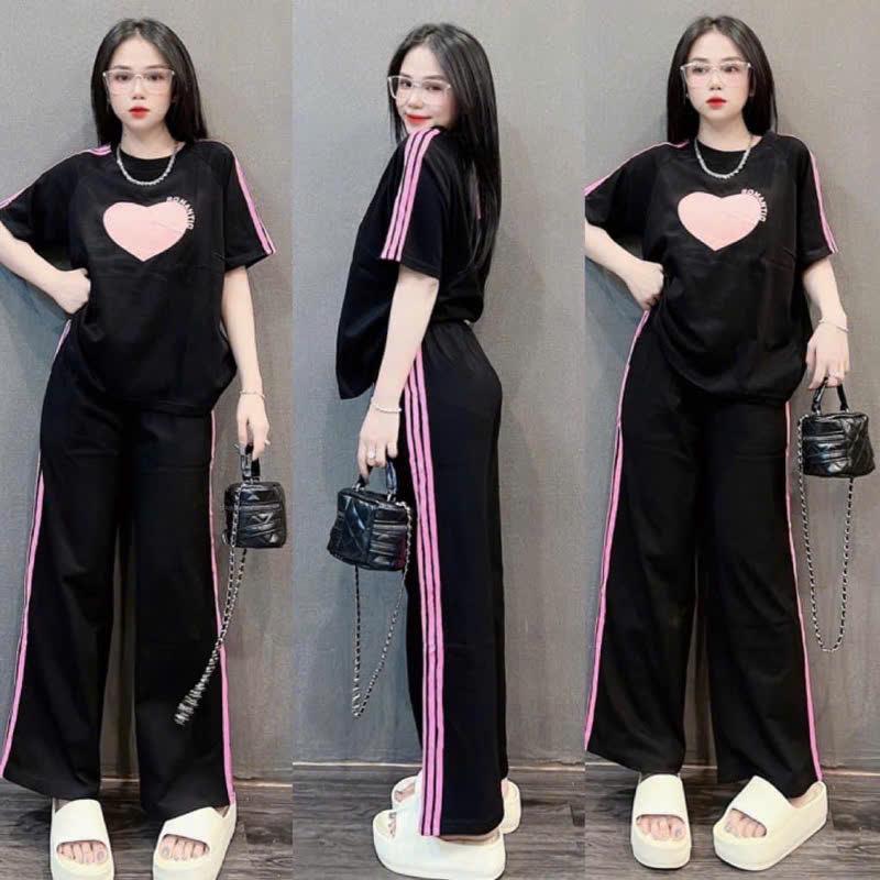Bộ áo phông quần dài thể thao chất cotton su phom rộng in hình trái tim Thun Sport - Nữ - Size 40-75kg 3