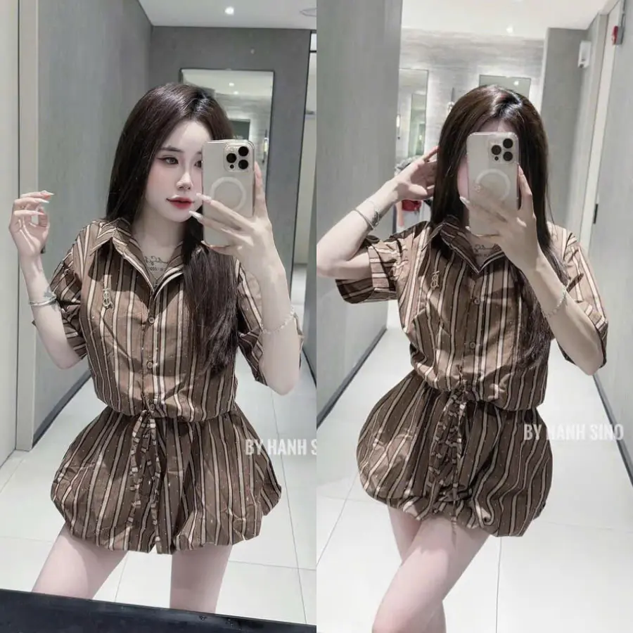 Set bộ nữ jum kẻ sọc đính đá sang chảnh liền thân quần form bí cộc tay