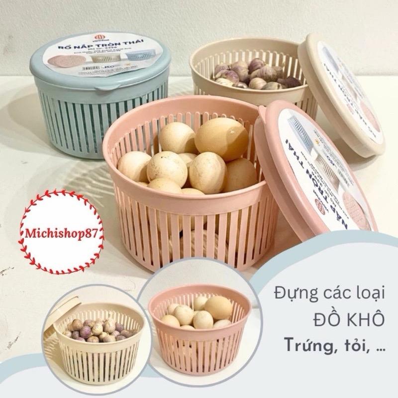 Combo 3 Rổ nắp tròn thái Việt Nhật MS: 3396 Rổ đựng trứng có nắp Hộp đựng hành tỏi giữ độ tươi của hành tỏi