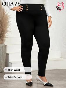 CURVZY Plus Size Solid Fake Buttons High Waist Skinny Pants, Casual Comfy Leggings for Daily Wear, Women's Bottoms for Autumn & Winter