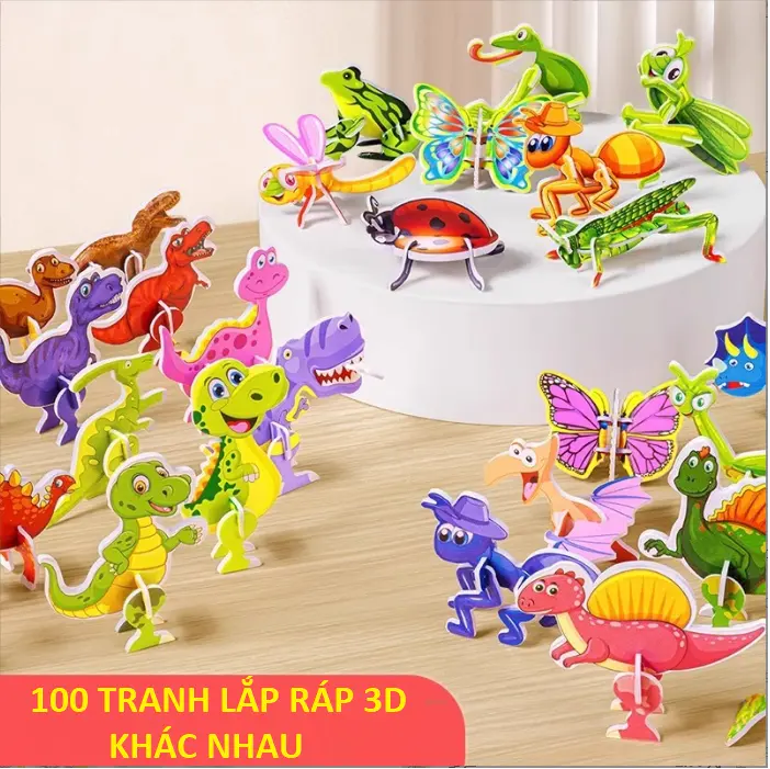 Đồ chơi 100 tranh ghép hình 3D khủng long côn trùng, thú rừng, phương tiện nhiều mẫu mã đa dạng Toy