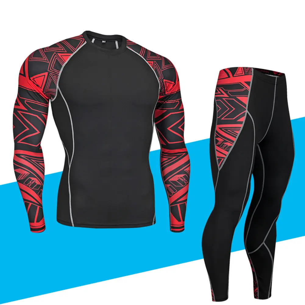 Lammeuya-2Pcs/Set Men Printed Tracksuit Compression Shirt Pants Workout Rashguard Tights