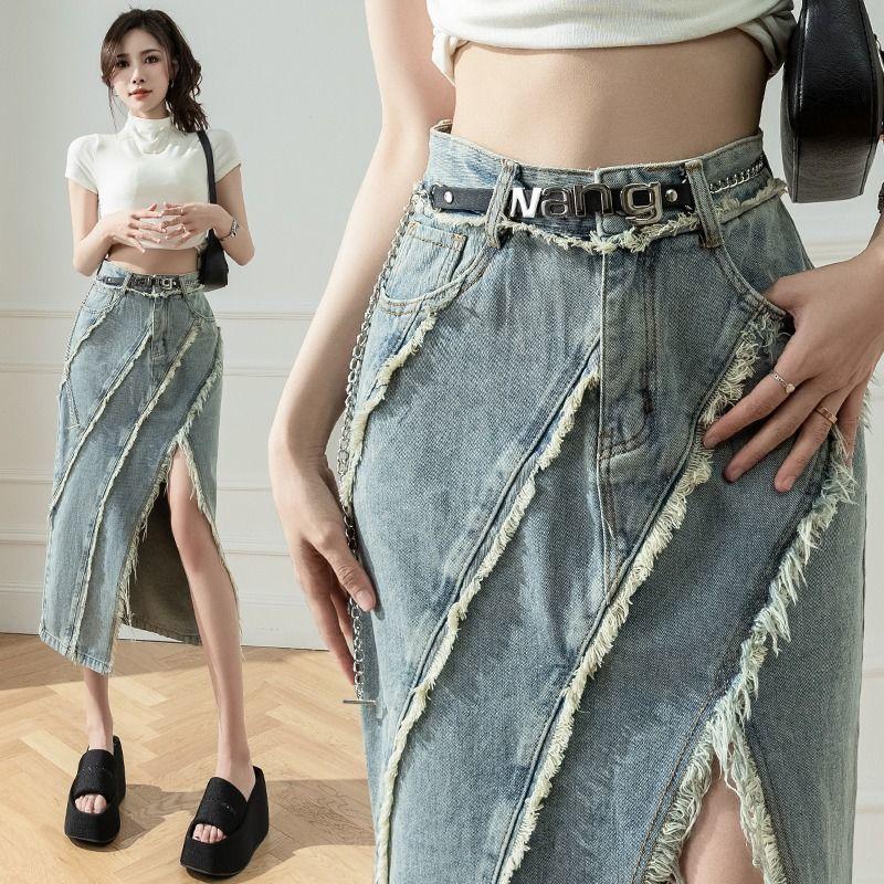 Váy Nửa Denim Cạp Cao Có Tua Rua Vát Bất Đối Xứng Đều Cá Tính Thời Trang Váy Xẻ Tà Phong Cách Cảng Cho Nữ Váy Một Bước Chân Váy Voan