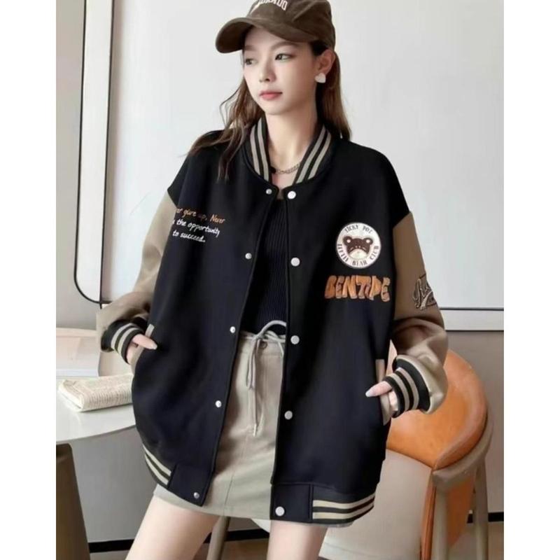 Áo khoác bomber nữ thêu gấu Bentipec chất dạ dày dặn cúc bấm sắt form dưới 65kg chống nắng 3