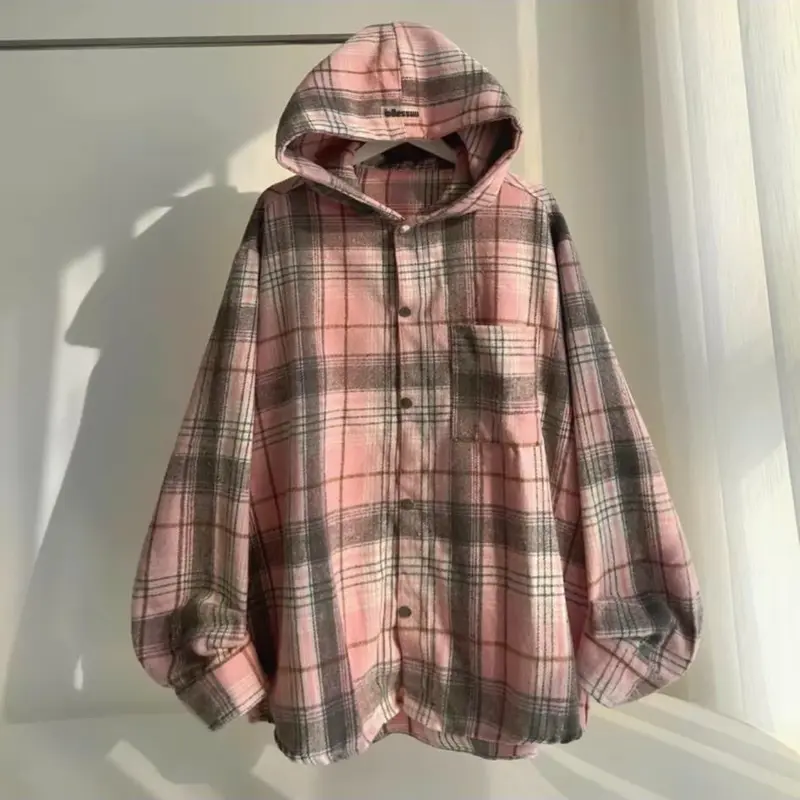 Áo Sơ Mi Áo Chống Nắng Flannel Tay Dài Caro Có Nón Tag Dessuu Form Nam Nữ (Nỉ Dạ) Menswear Shirt   áo  & áo choàng Nhung áo khoác bing 6