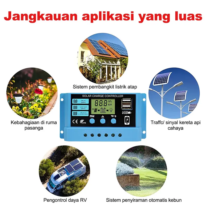 Pengontrol Pengisi Daya Surya Tampilan LED LCD PWM Surya 12V/24V 10A 20A 30A Panel USB Pengisi Daya Surya 8