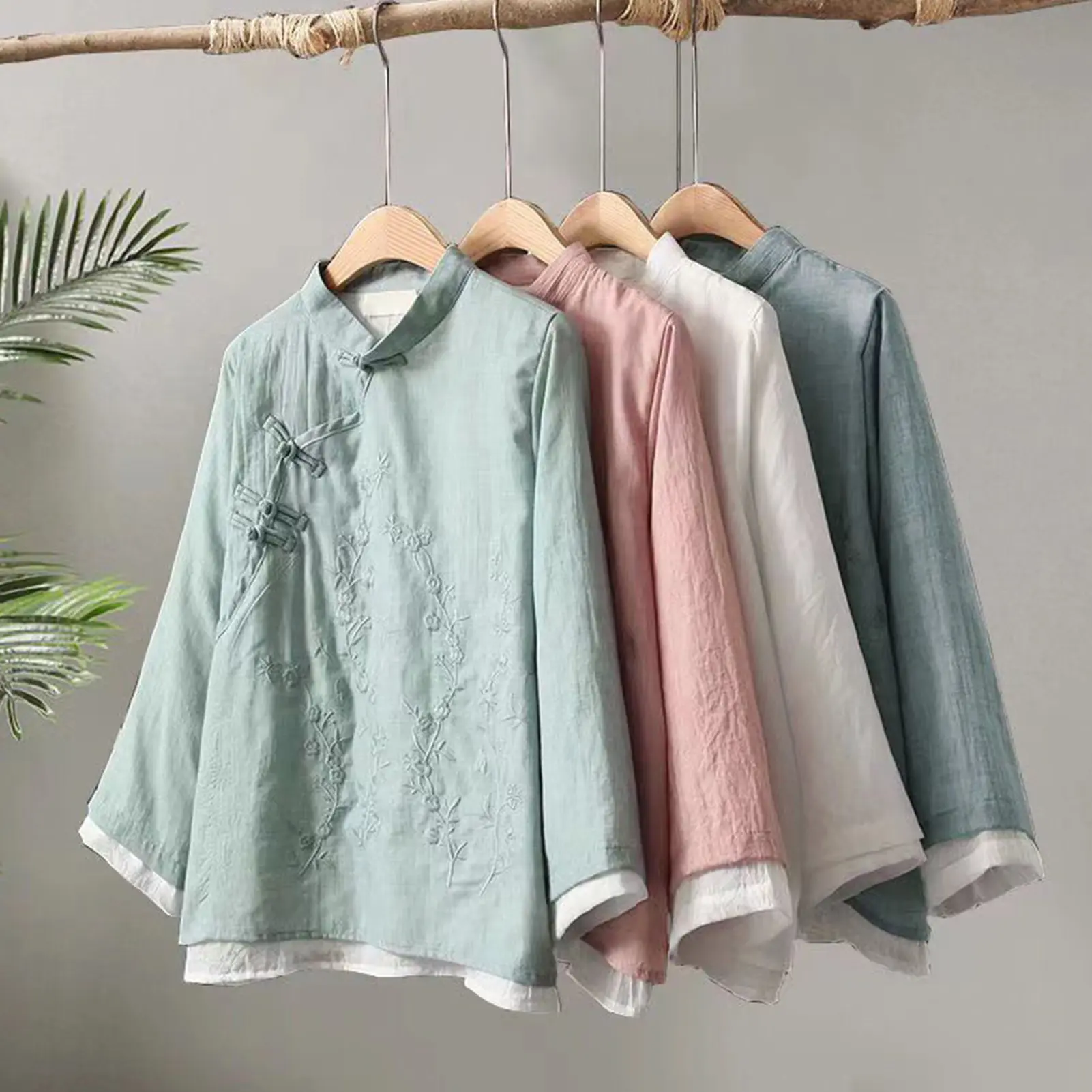 donmowh Women Spring Retro Top Chinese Style Embroidered Flower Pattern Knot Button Solid Color Keep Warm Loose Stand Collar Plus Size Vintage Shirt Lady Garment