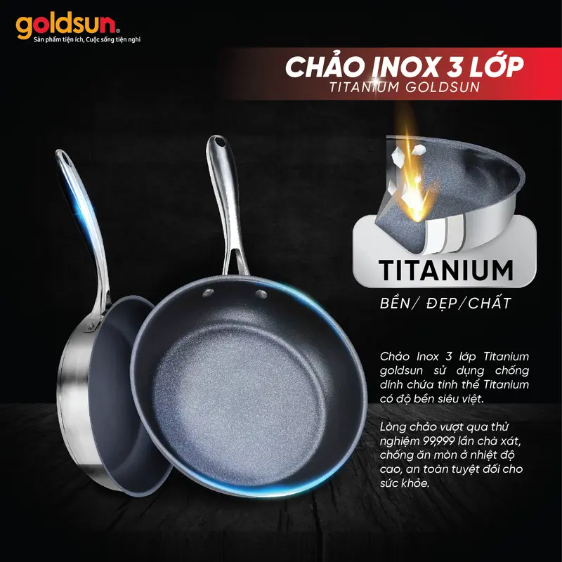 Chảo inox chống dính Titanium Goldsun GPA1451 đáy từ 5 lớp sử dụng trên mọi loại bếp 2