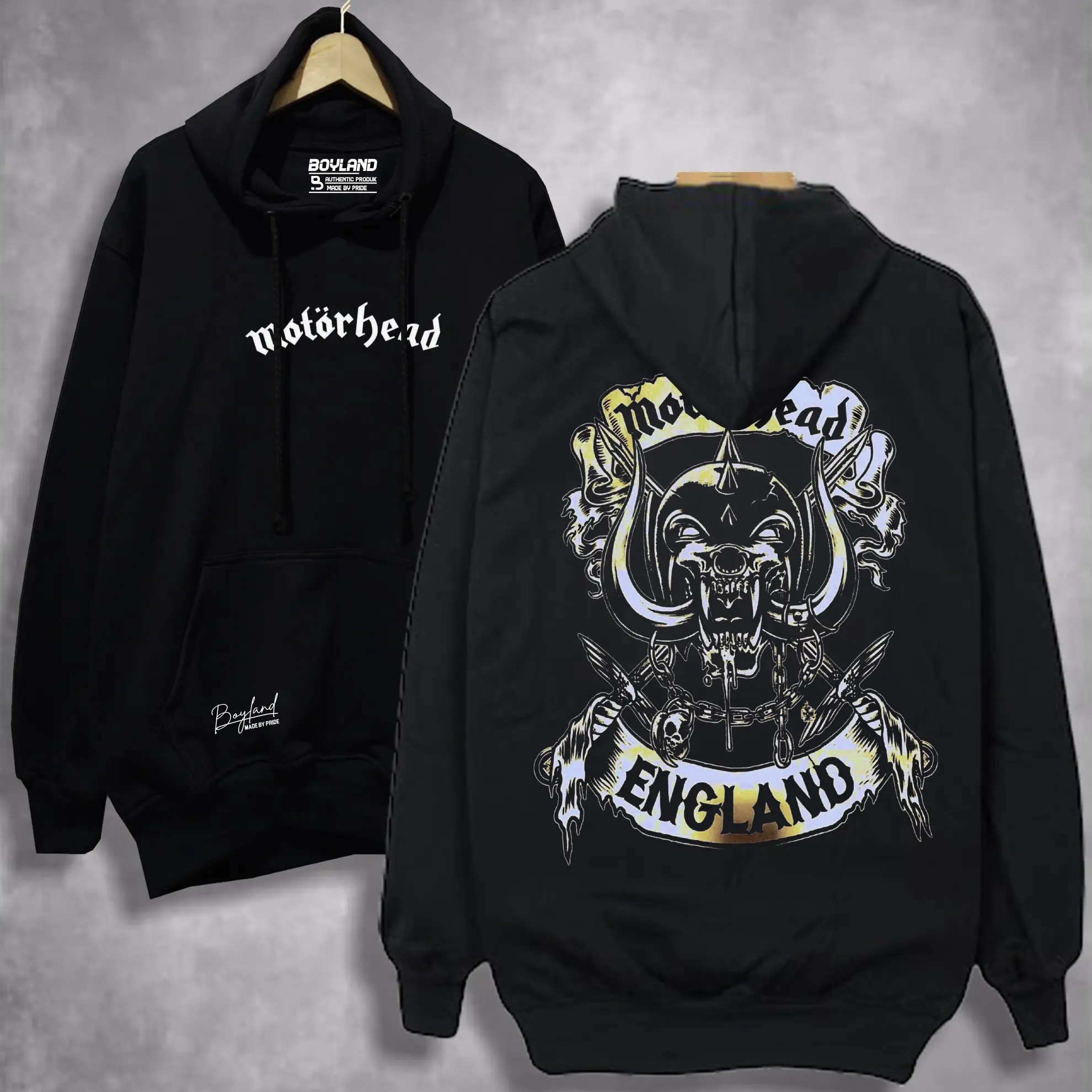 BoyLand Hoodie Pria MOTORHEAD Hitam Unisex Cewe Cowo Sweater Cowok Oblong Basic Casual Authentic Distro Motif Sablon Warna Hitam Tangan Panjang Bahan Fleece Tebal Lembut Santai dan nyaman Unisex Laki Laki Perempuan Outdoor Keren Lokal Terbaru Zipper Garis