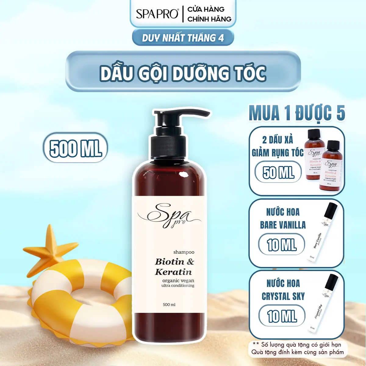 [MUA 1 TẶNG 3] Dầu Gội Giảm Rụng & Dưỡng Tóc SPAPRO Biotin & Keratin Biotin Thực Vật 500ML