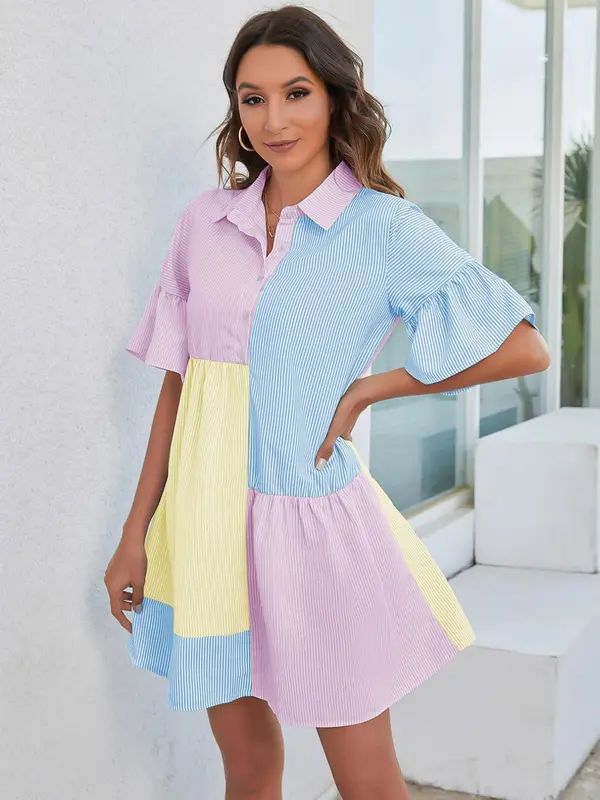 Women's Colorblock Striped Print Button Front Shirt Dress, Summer Clothes, Casual Flounce Sleeve Collared Short Dress for Summer, Ladies Clothes for Daily Wear 6