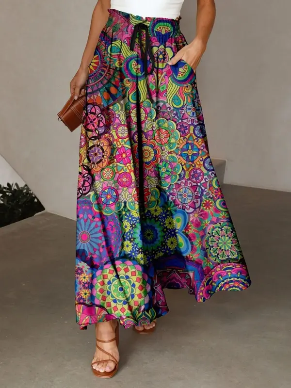【Plus Size】 All Over Print Tie Waist Skirt, Boho Fashion Casual Pocket Design Skirt for Daily Holiday Vacation Wear, Women Plus Clothing for Summer 7