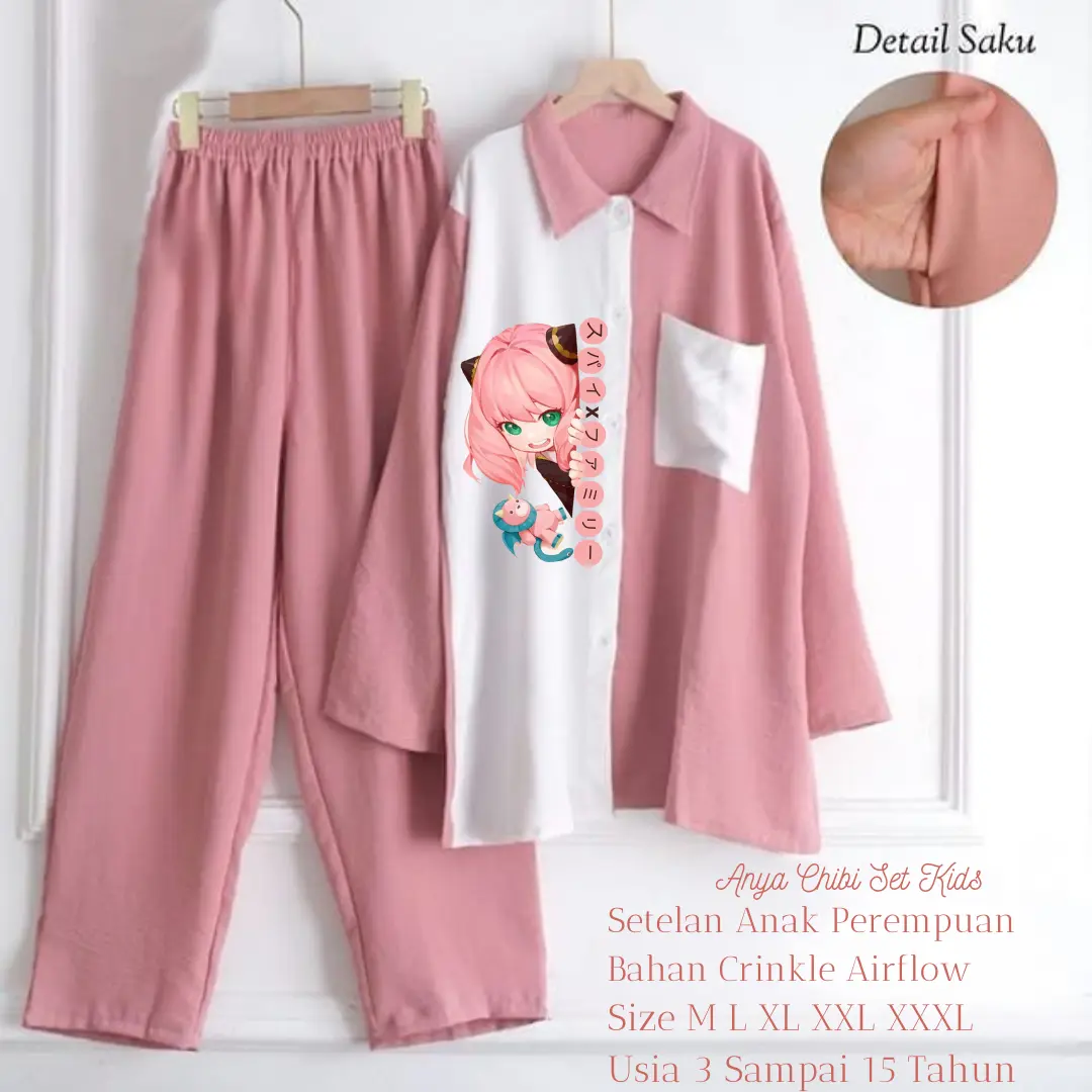 Best Seller Setelan Anak Perempuan Spy X Anya Chibi Set Kids Crinkle Airflow Setelan Barbie Lucu Terbaru Size M L XL XXL XXXL Baju Motif Kucing Celana Kulot