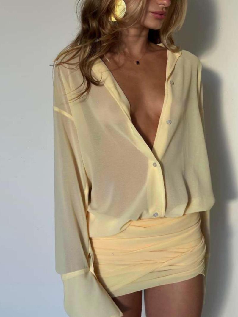 Product Introduction of Women's Solid Button Front Chiffon Dress, Elegant Long Sleeve Short Dress for Summer, Ladies Clothes for Daily Wear, Summer Dresses 2025 1