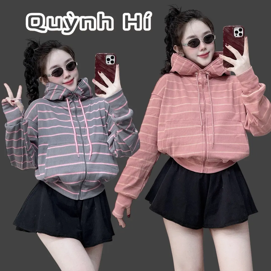 Áo Khoác Thun Gân Dệt Sọc Bassic, Form Xinh Tôn Dáng, 6 Túi, Nón Rất To by Quỳnh Hí Store