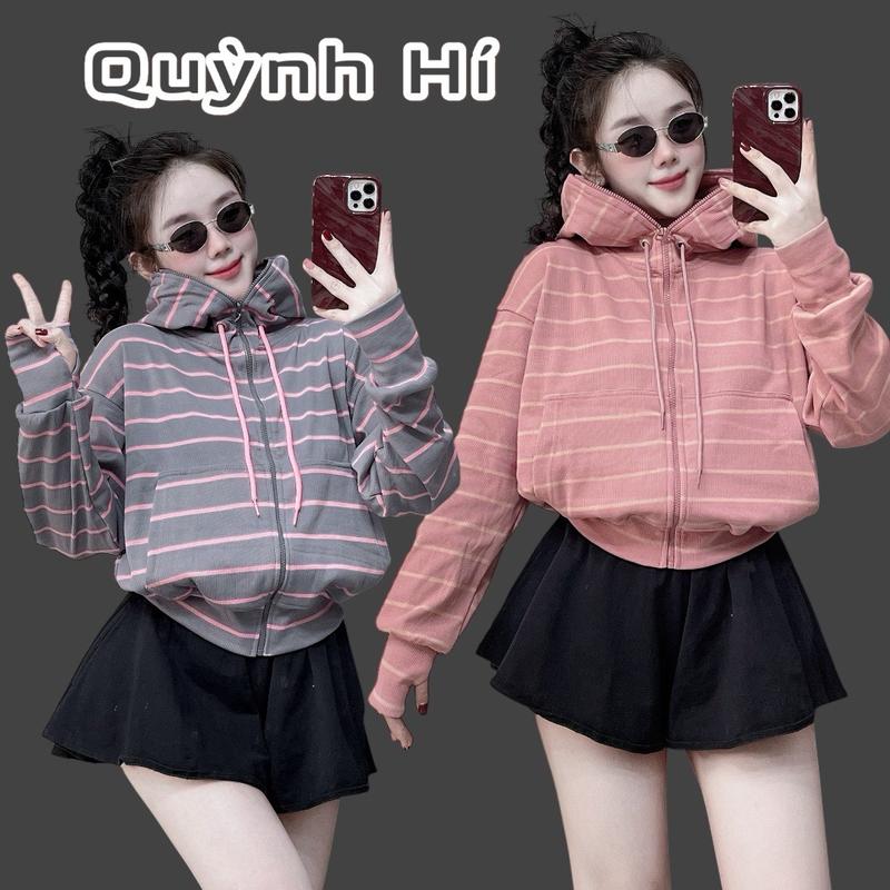 Áo Khoác Thun Gân Dệt Sọc Bassic, Form Xinh Tôn Dáng, 6 Túi, Nón Rất To by Quỳnh Hí Store